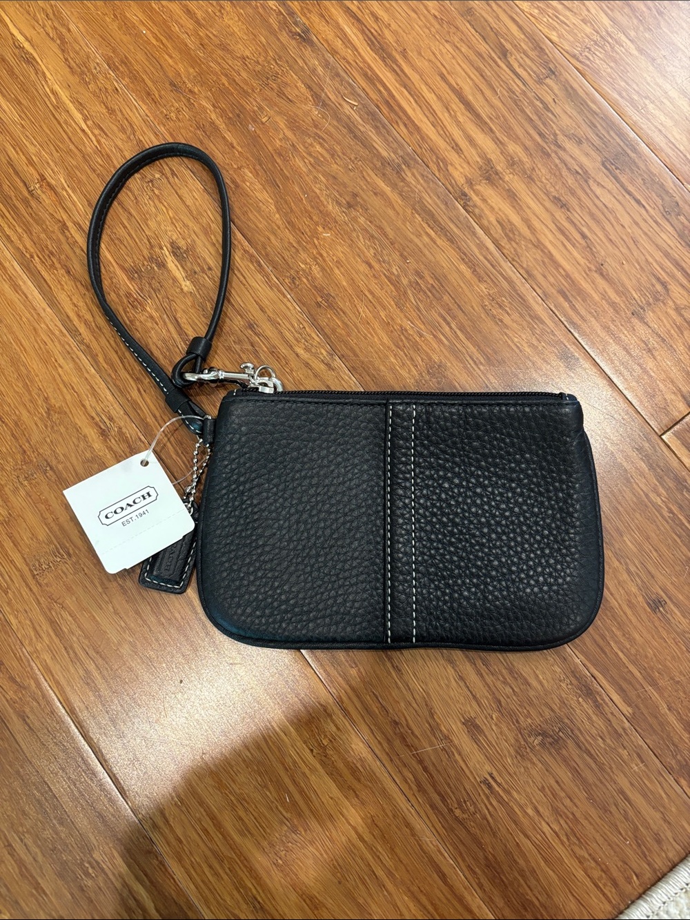 Coach Black Pebbled Leather Wristlet Pouch with Strap